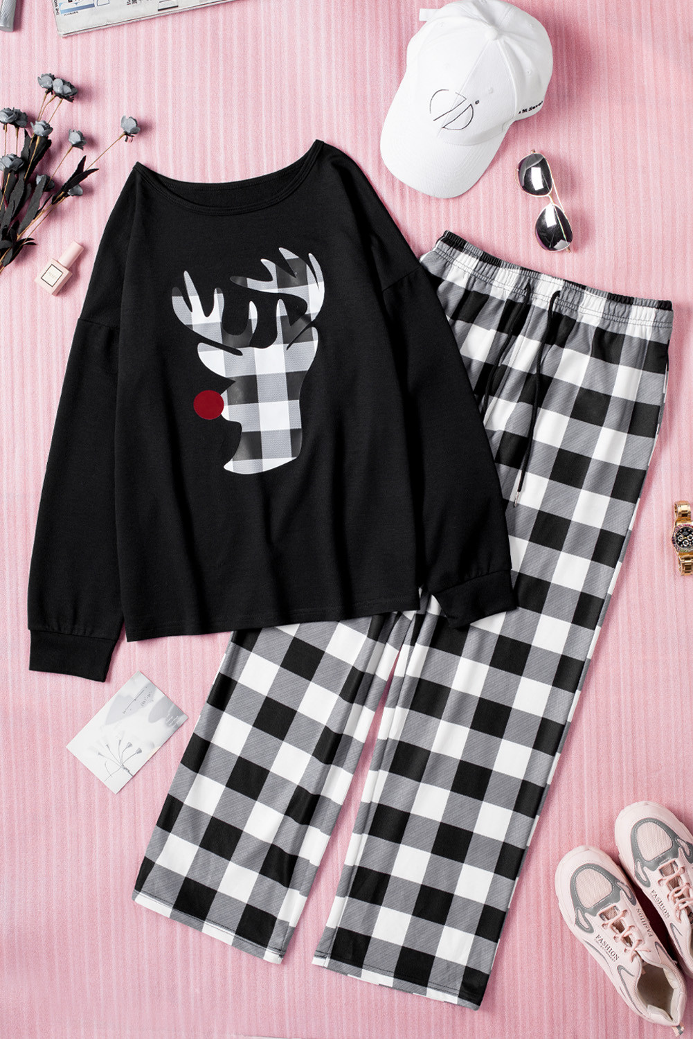 Black Christmas Reindeer Top & Plaid Pants Loungewear Set