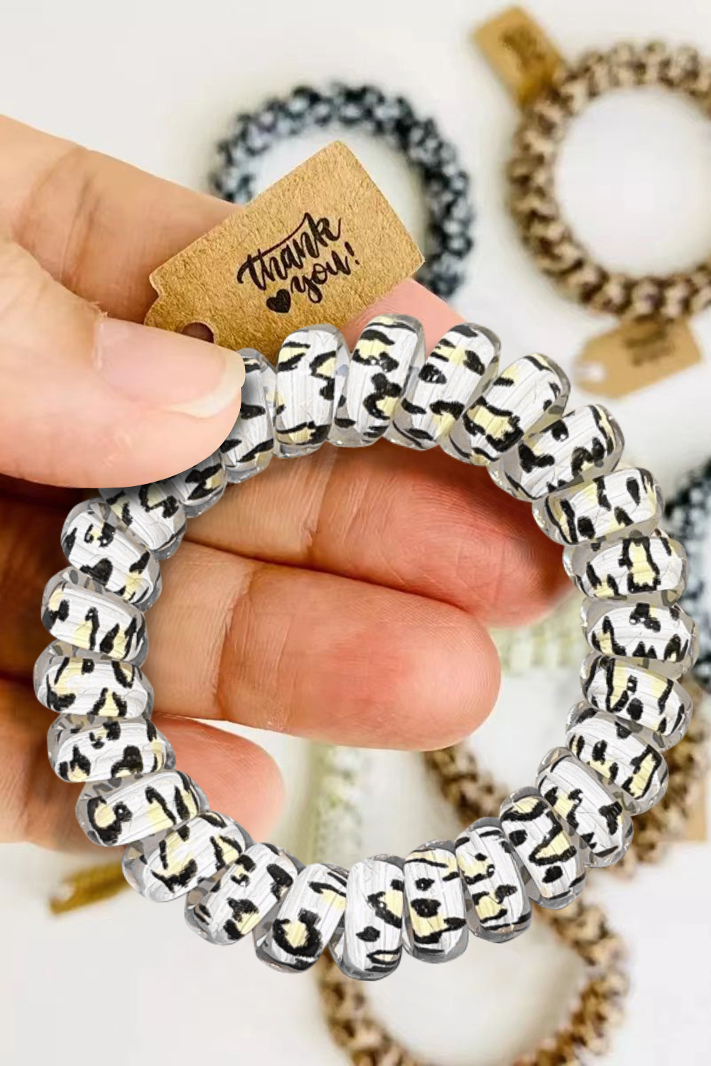 Wholesale White Leopard TELEPHONE Spiral Coil Wire Hair Tie 