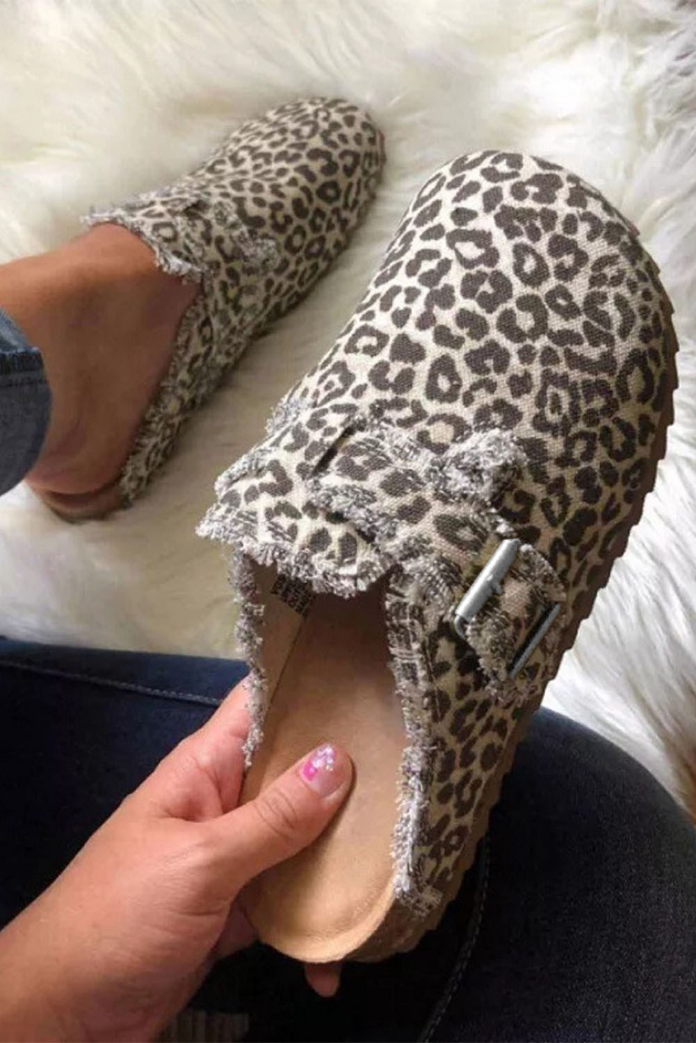 New arrivals 2023 Cheetah Buckle Strap Frayed Canvas Slip On SLIPPERS