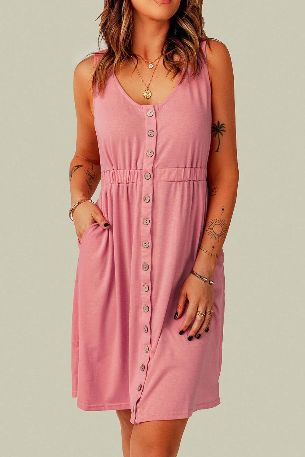 Wholesale Pink Casual Button Front Shirred Waist Tank SUMMER DRESS 