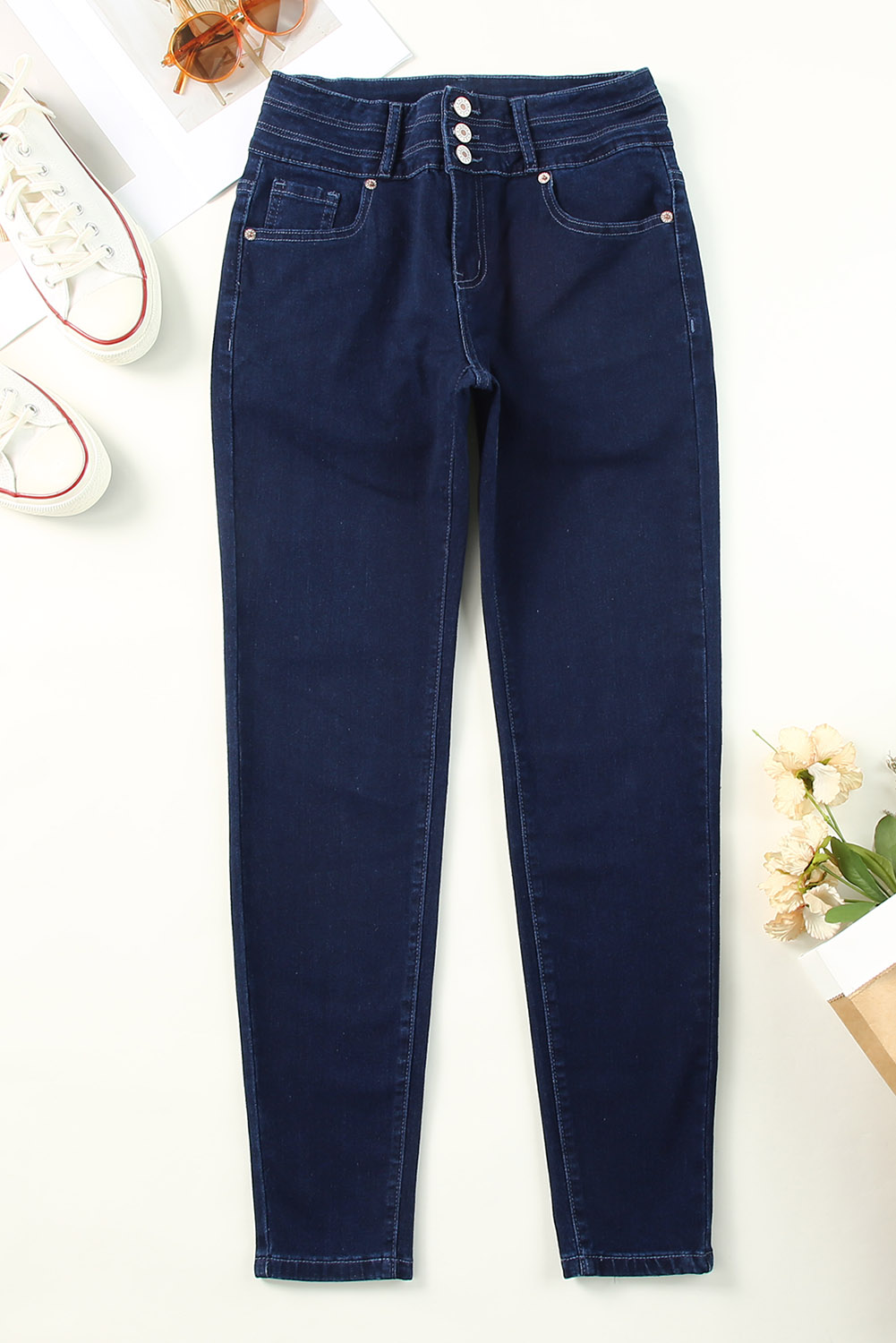 Wholesale Dark Blue Casual Buttons High Waist SKINNY JEANS
