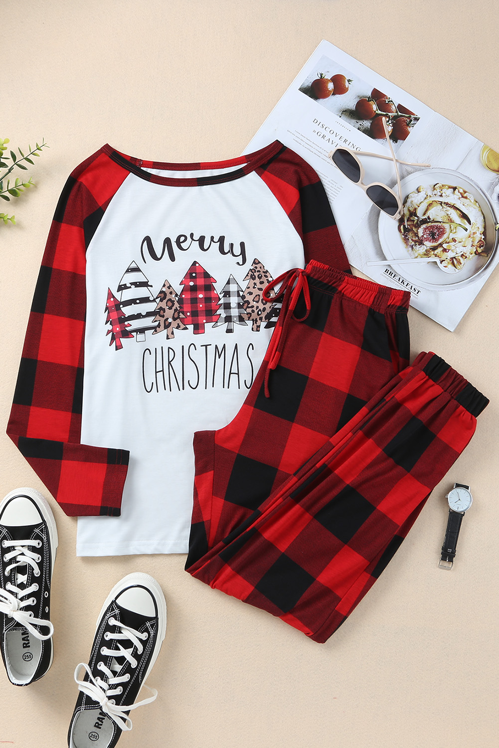 Dropshipping Red Plaid Merry CHRISTMAS Casual Top & Pants Loungewear Set