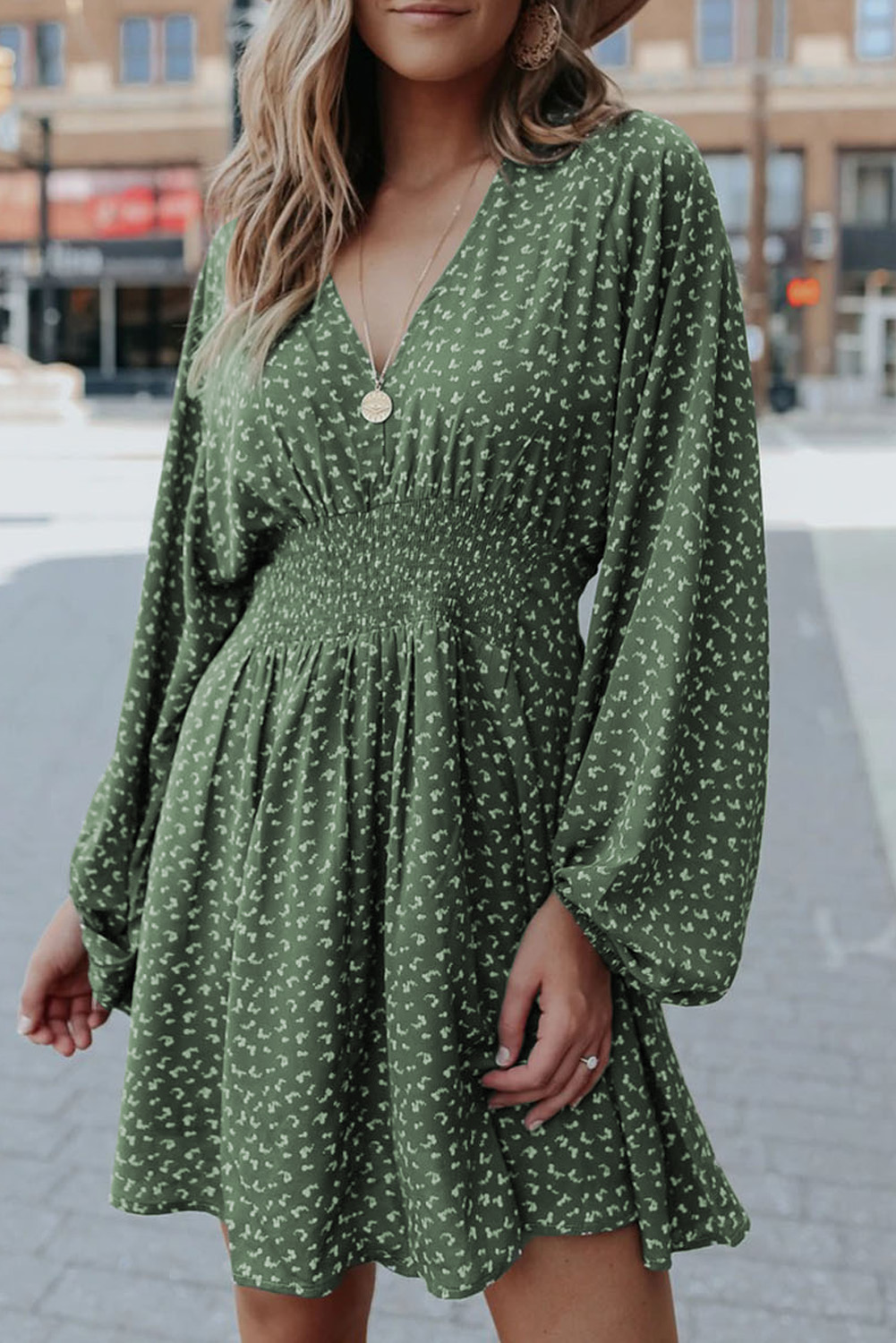 Dropshipping Green Polka Dots BALLOON Sleeve Smocked Waist Short Dress 