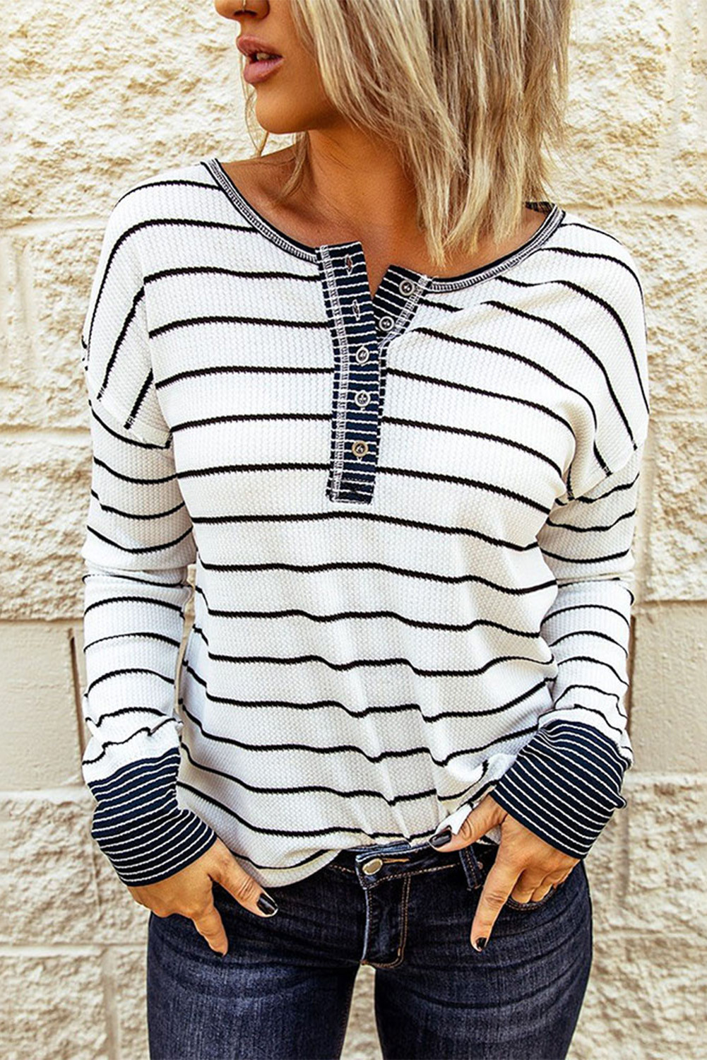 Black & White Striped Ribbed Casual Long Sleeve Henley Shirt