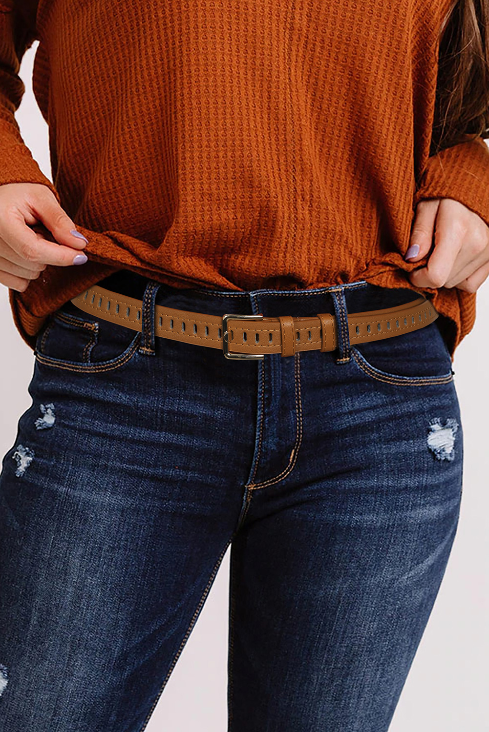 New arrivals 2023 Brown Cutout Faux LEATHER Buckled BELT