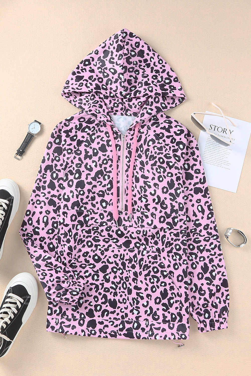 Cheetah Print Zipper Kangaroo Pocket Pullover Hoodie