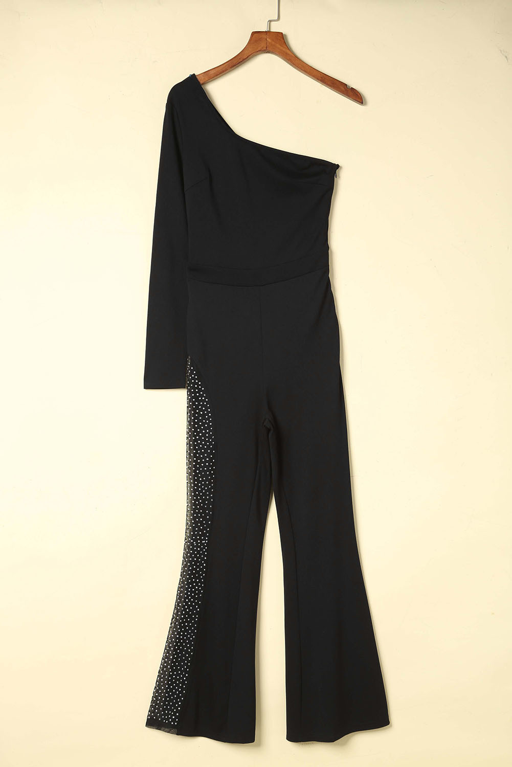 Black Casual One Shoulder Rhinestone Flare Bottom Jumpsuit