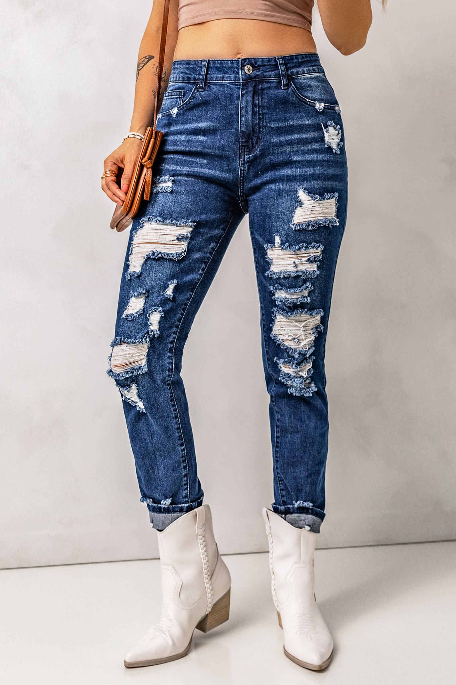 Wholesale Dark Blue Distressed Ripped High Waisted SKINNY JEANS