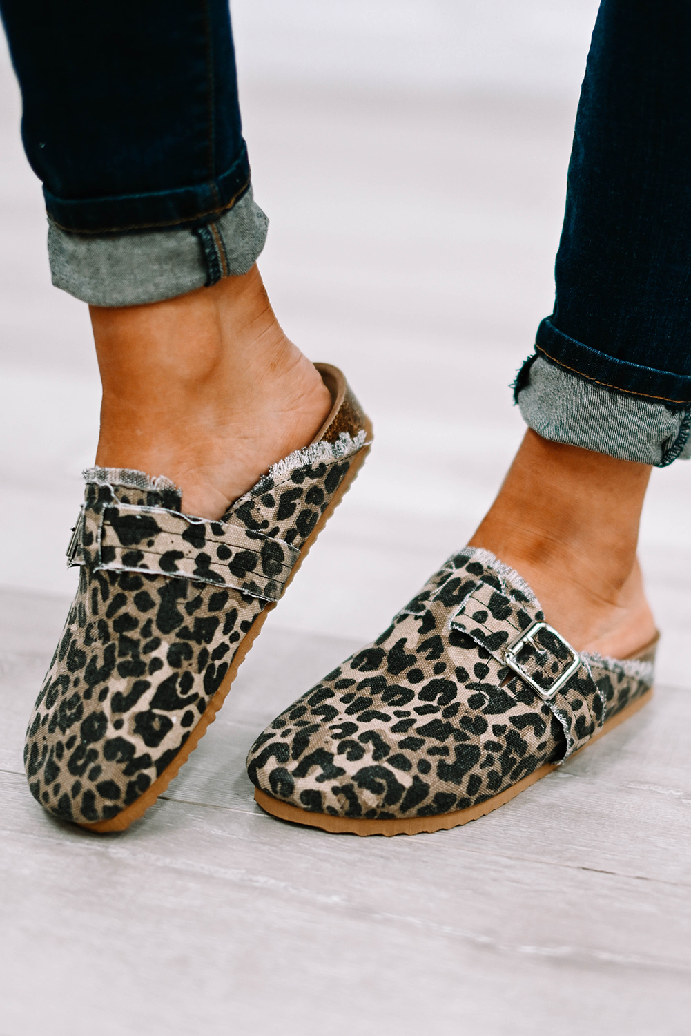 Dropshipping Cheetah Buckle Strap Frayed Canvas Slip On SLIPPERS