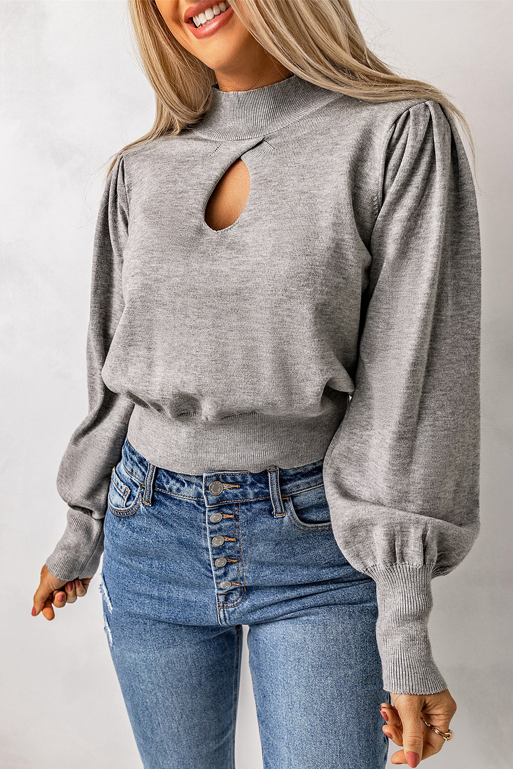Grey Mock Neck Keyhole Casual Cropped Sweater
