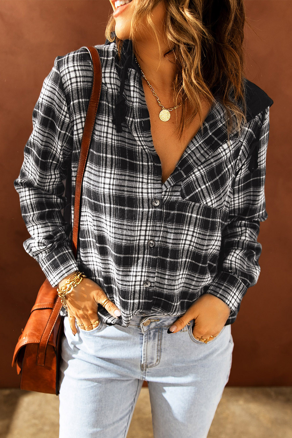 Black Plaid Drawstring Hooded Jacket