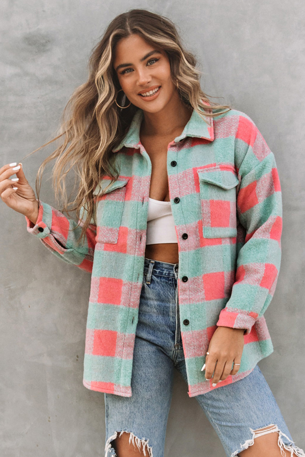 Pink Plaid Colorblock Casual Oversized Jacket