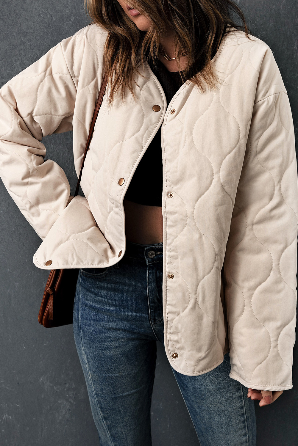 Wholesale Beige No Collar Double-Sided WINTER Quilted Jacket for Women 