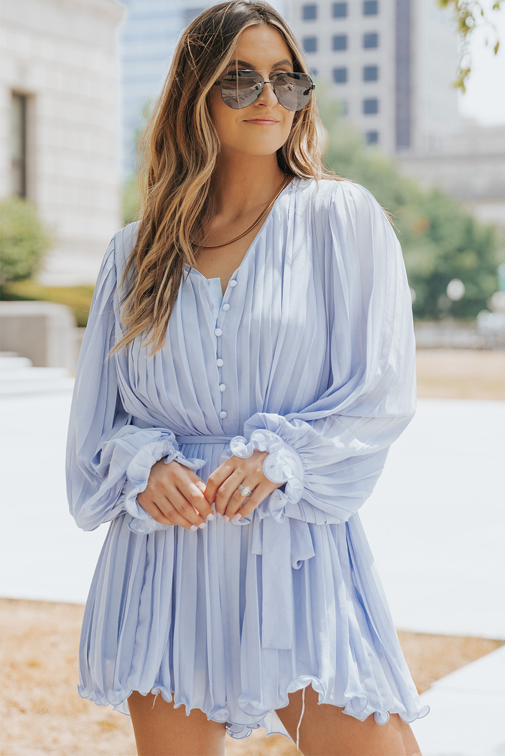 Light Blue Pleated Tie Waist Buttons Ruffle Romper