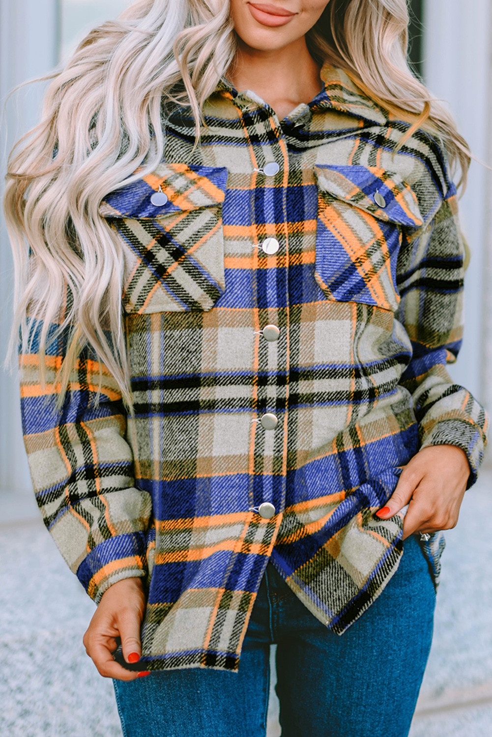 Blue Geometric Plaid Print Casual Pocketed Jacket