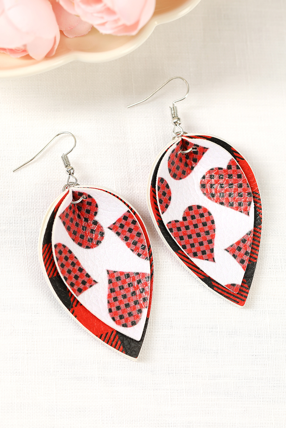 Dropshipping Red Plaid VALENTINE Heart Print Multi layered Earrings