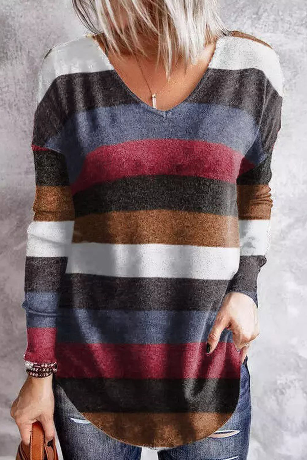 Striped Colorblock Crisscross Back Casual Long Sleeve Top