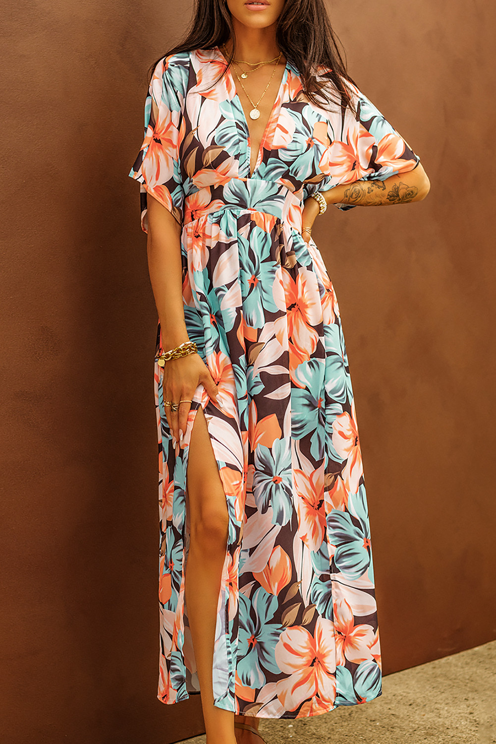 Orange Floral Plunge Neckline Short Sleeve Maxi Dress