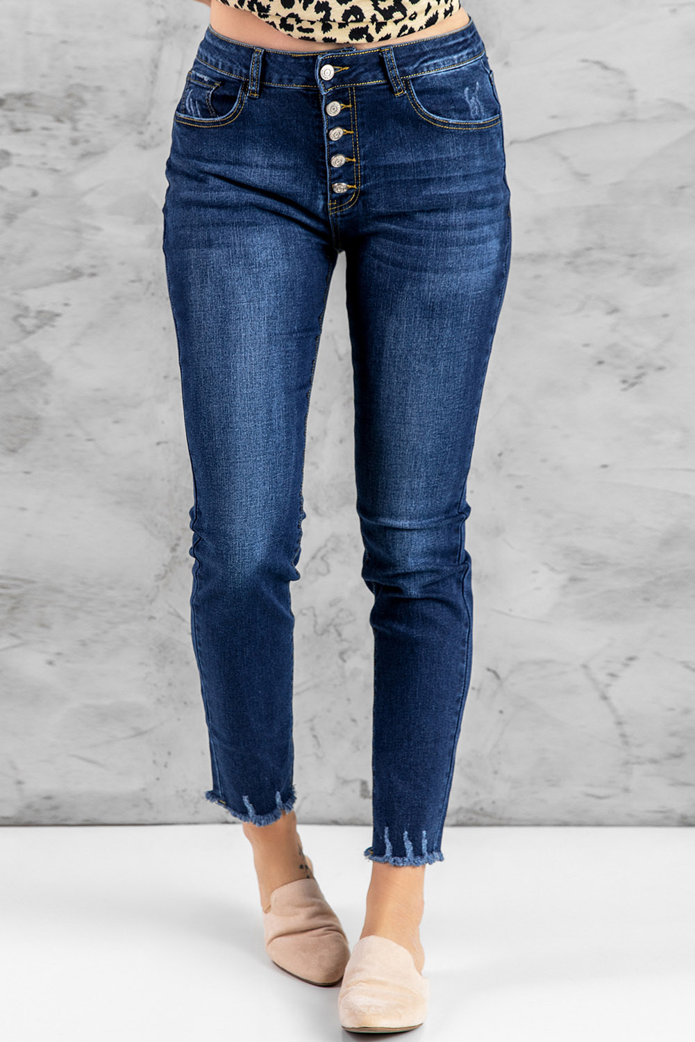 Wholesale Dark Blue Buttons High Waisted JEANS