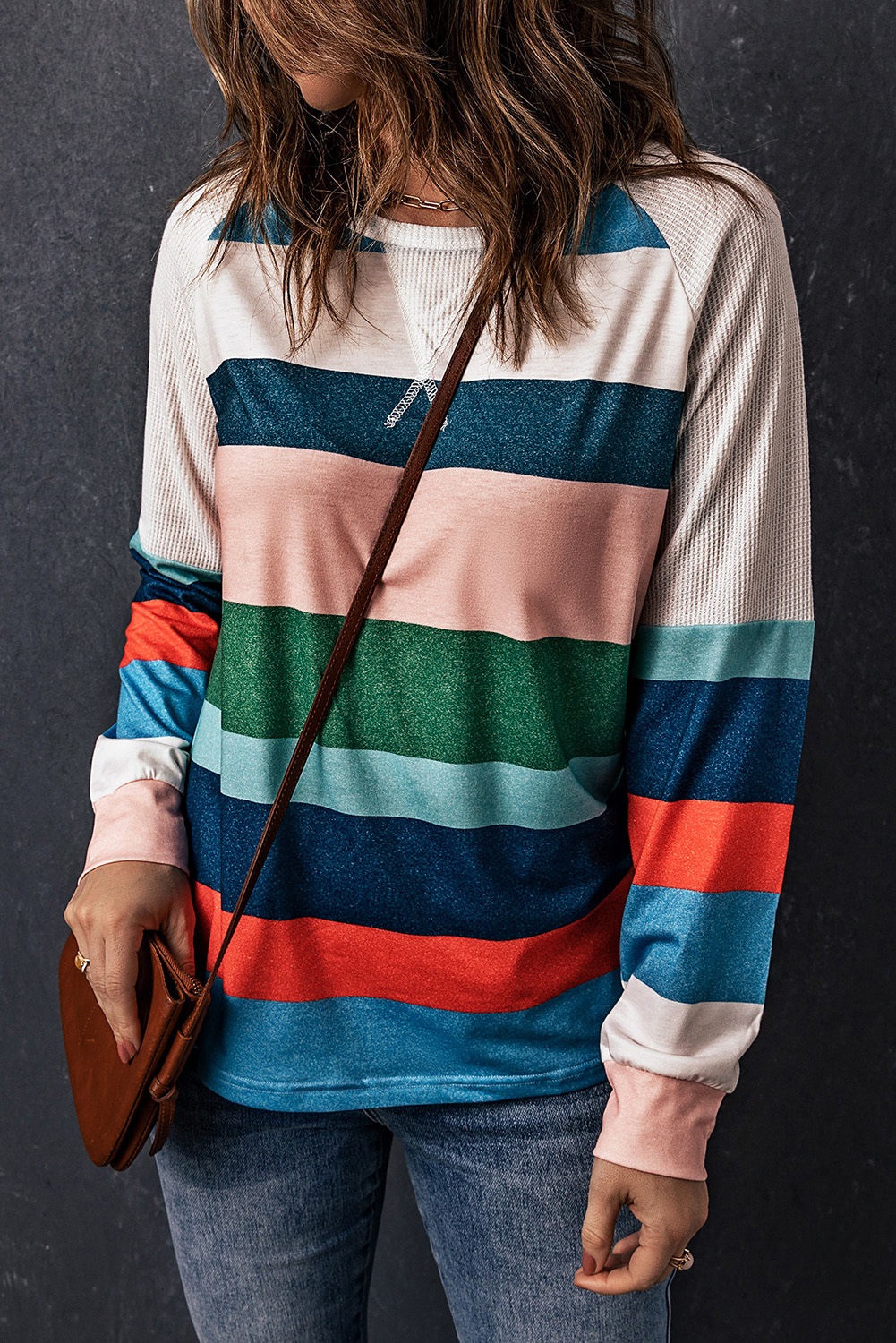 Shewin Wholesale Dropshipping Multicolor Stripes Print Long Sleeve T-SHIRT for Women