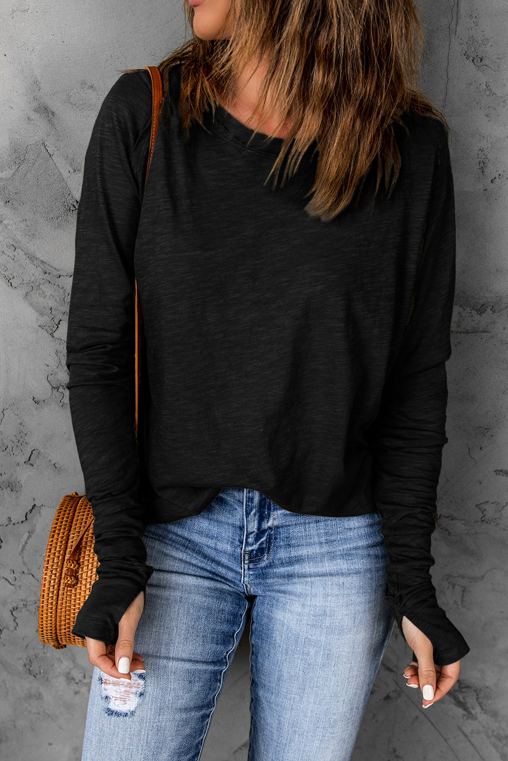 Black Casual Thumbhole Long Sleeve Top