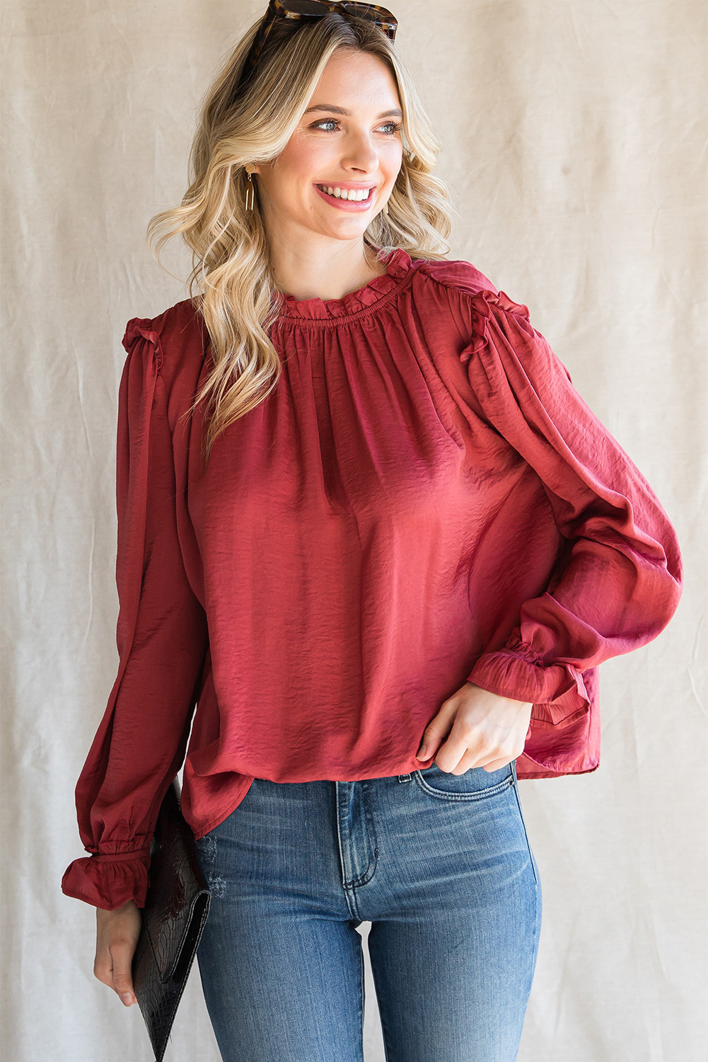 Red Plain Round Neck Pullover Long Sleeve Blouse