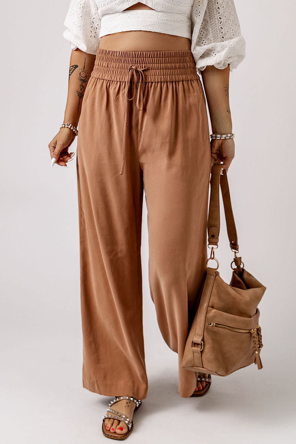 Brown Casual Drawstring Shirred Elastic Waist Wide Leg Pants