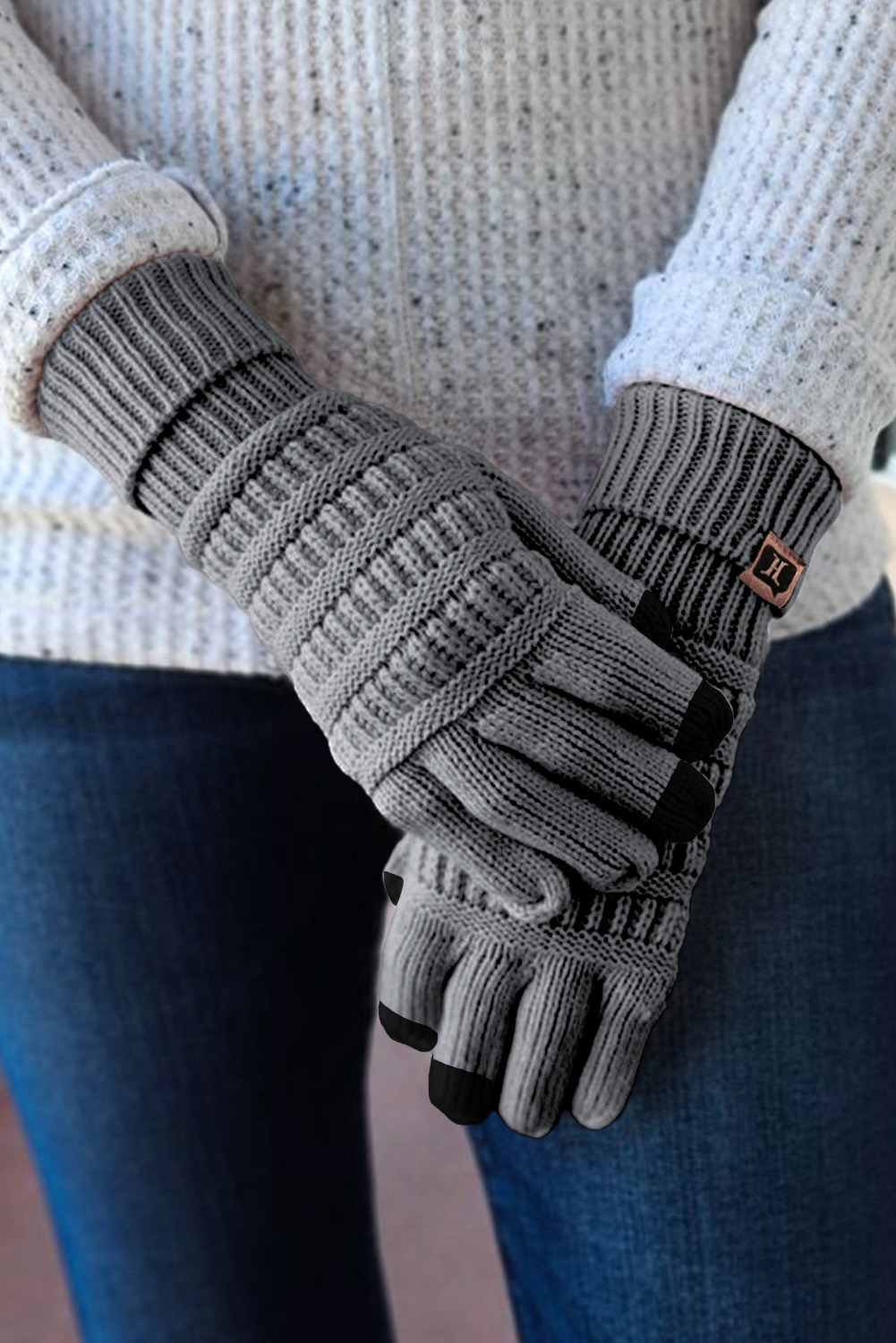 Wholesale Grey Suede Patchwork Knitted Winter GLOVES 