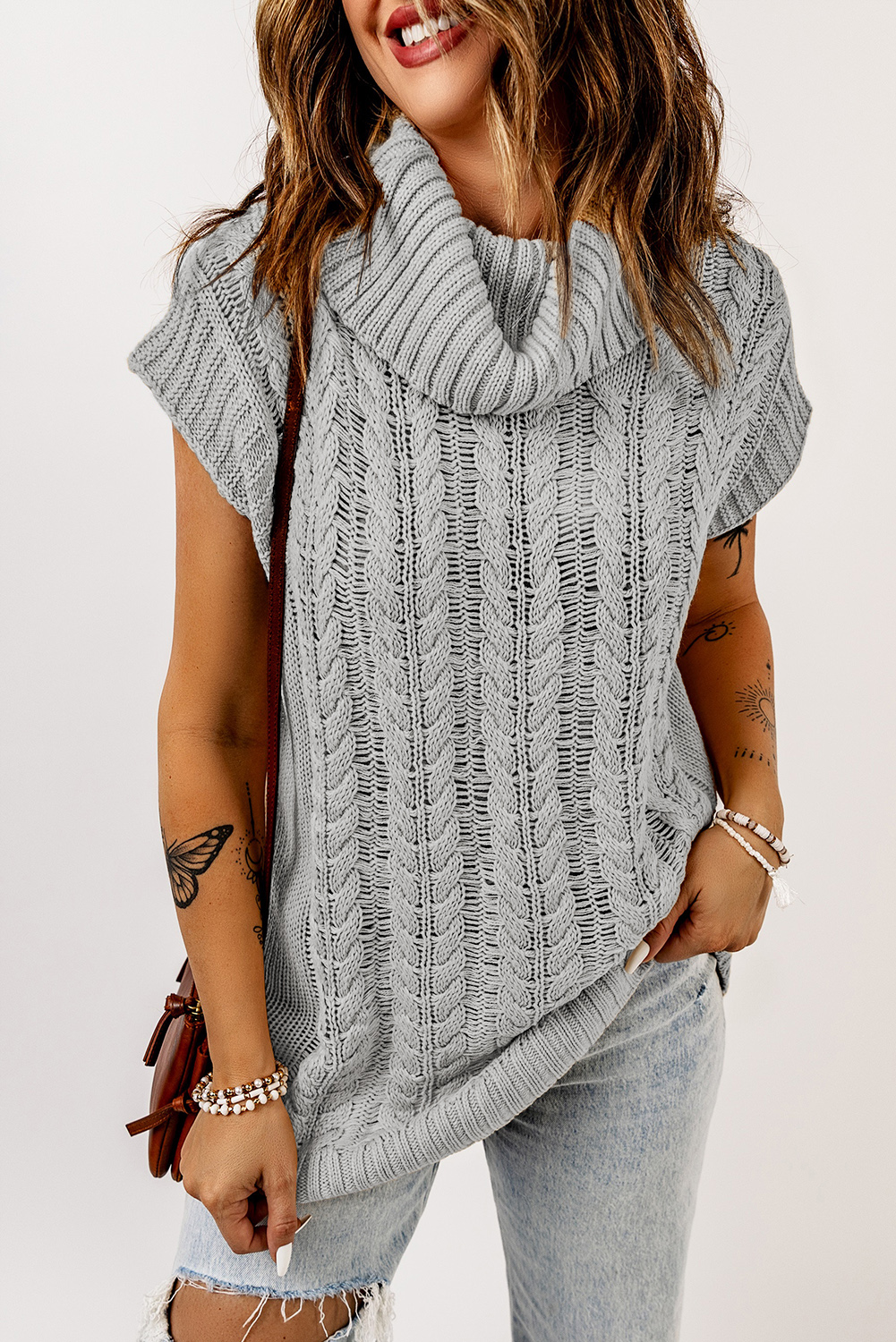 Dropshipping Grey Turtleneck Twist Casual Braided Knitted VEST
