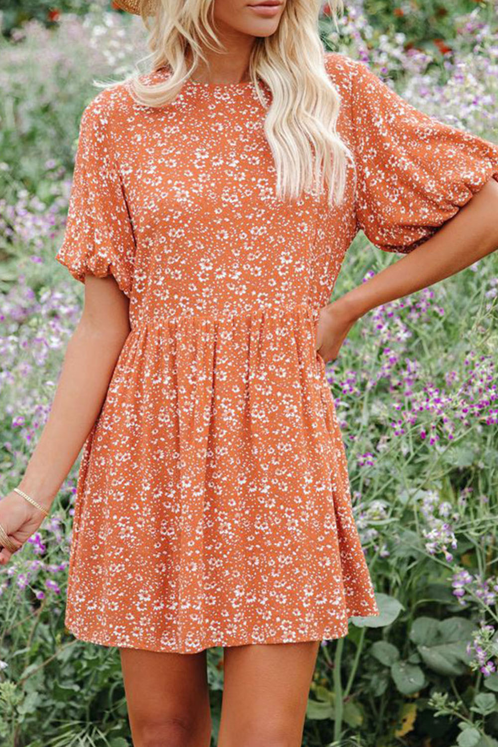 Orange Floral Boho Bishop Sleeve Short Dress