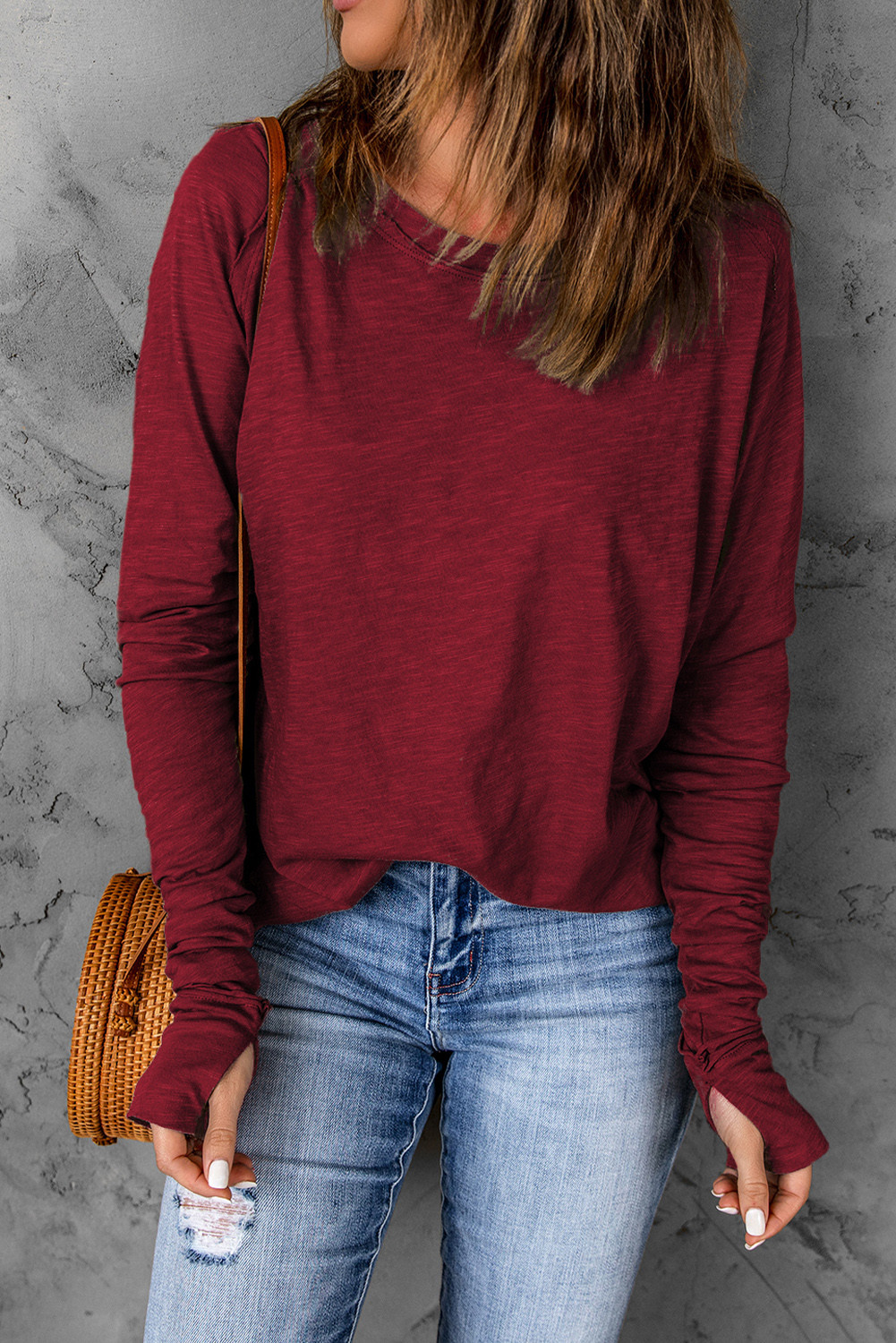 Dark Red Casual Thumbhole Long Sleeve Top