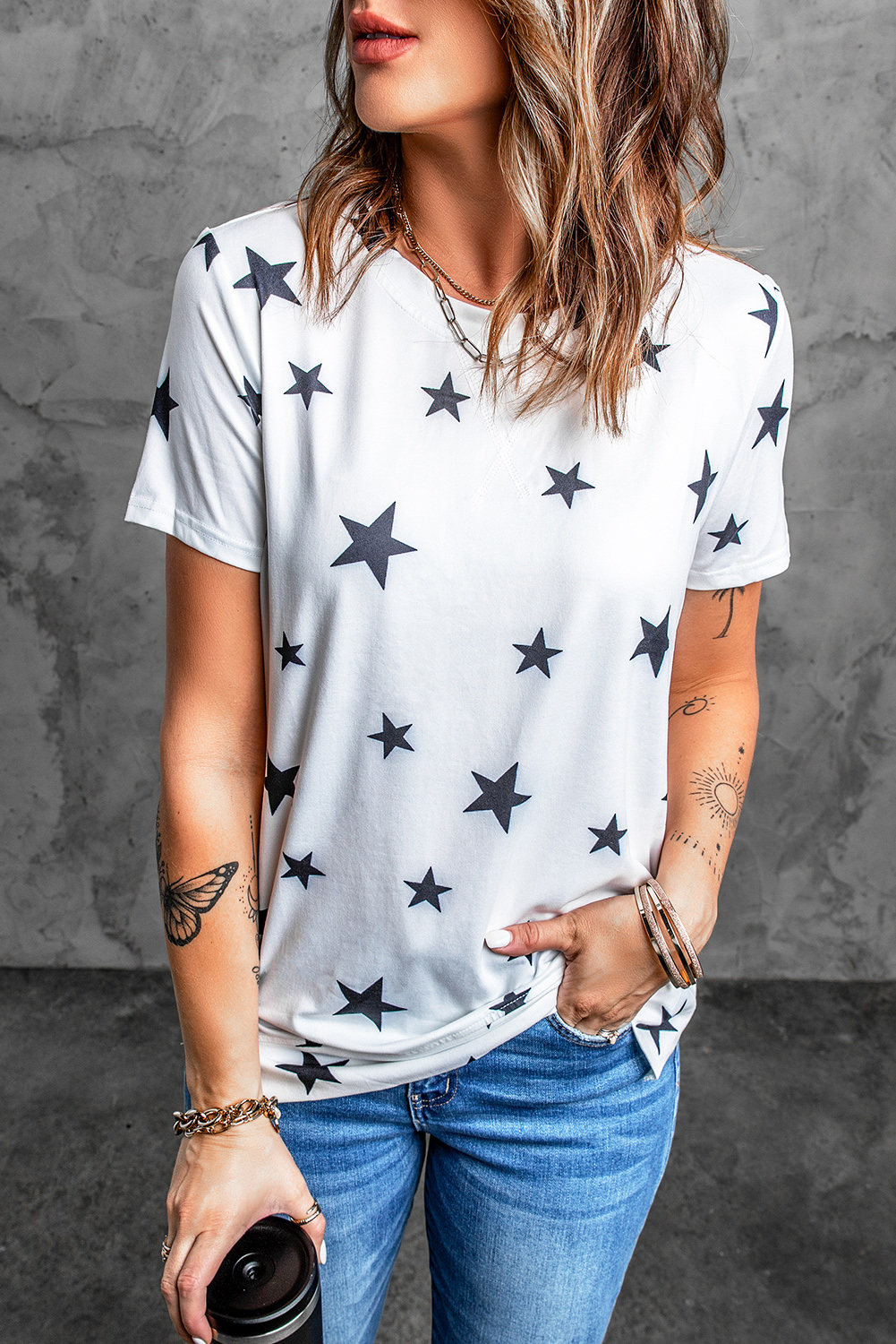 Shewin Wholesale Dropshipping White Star Print Short Sleeve Crew Neck T-SHIRT for Women