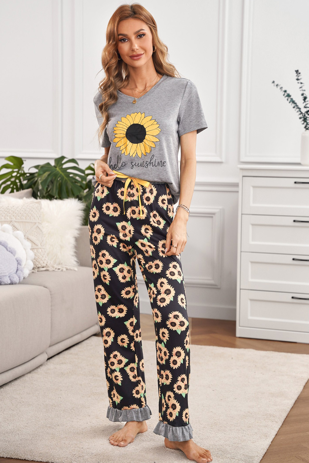 Grey Sunflower Hello Sunshine Print Tee & Pants Loungewear Set