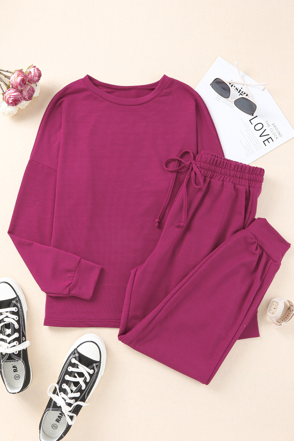 Wholesale Red Casual Long Sleeve Pullover & Joggers PAJAMAS Set 