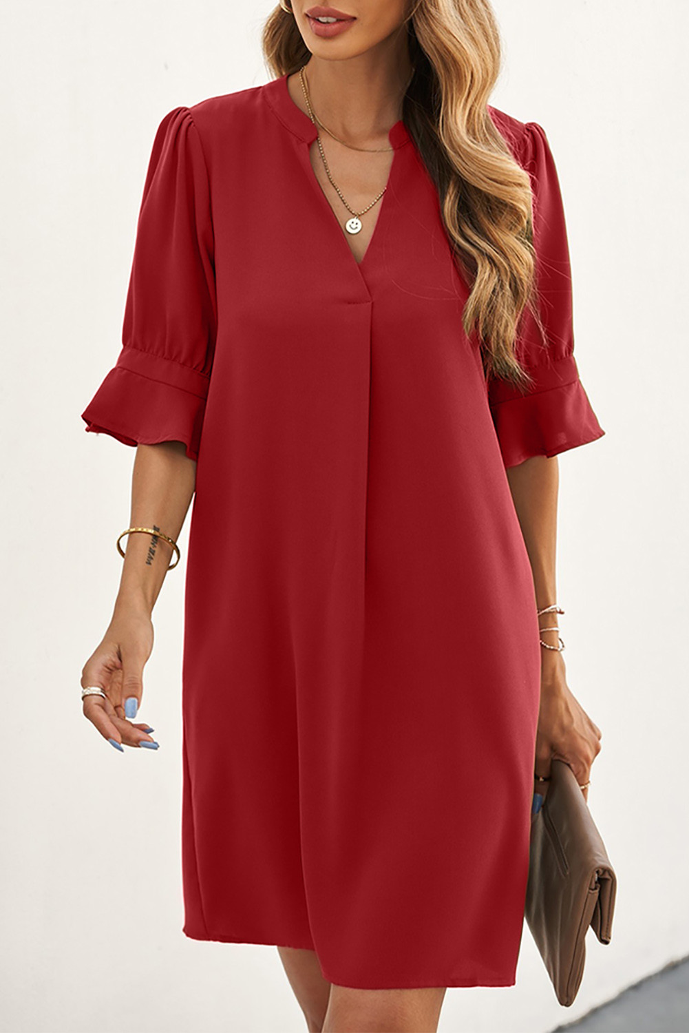 Red Split V Neck Casual Ruffle Sleeve Tunic Dress