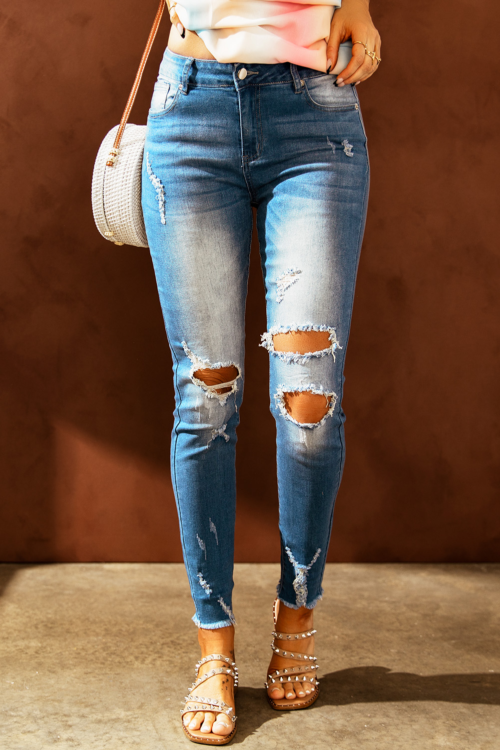 Wholesale Blue Faded Holes Mid Rise SKINNY JEANS