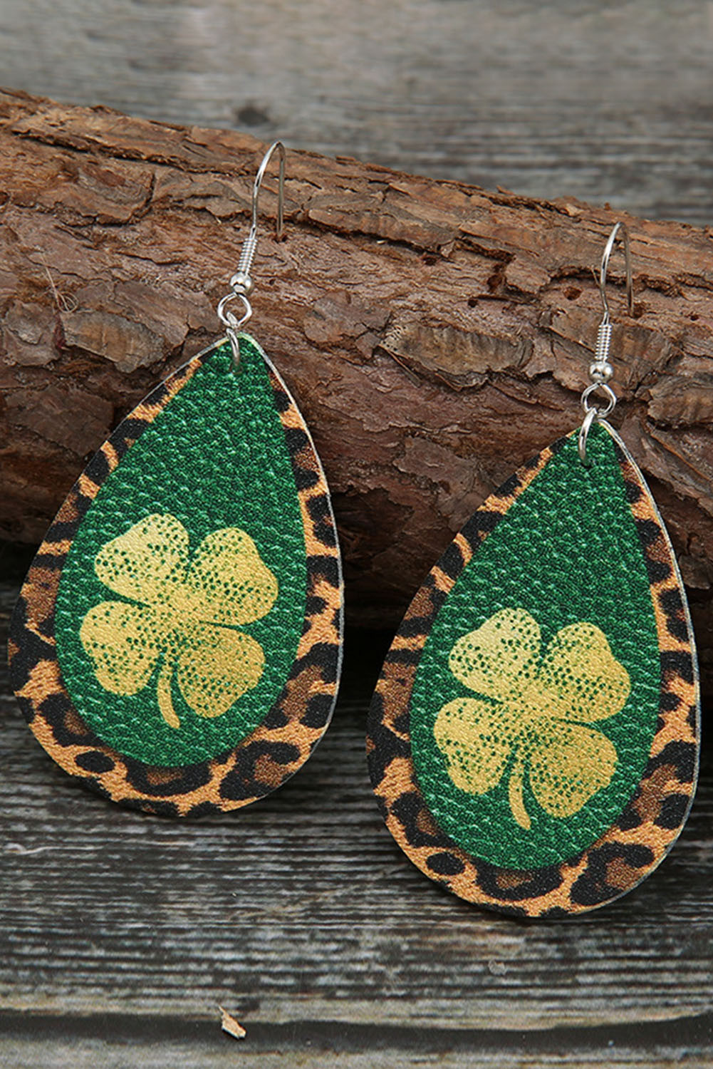Green St Patrick Shamrock Leopard Faux Leather Drop Earrings