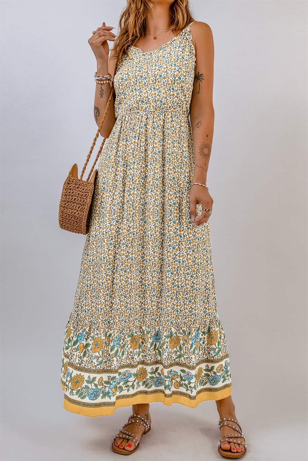 Shewin Wholesale Clothes Distributor Apricot Floral Print Frill Detail Boho Maxi DRESS