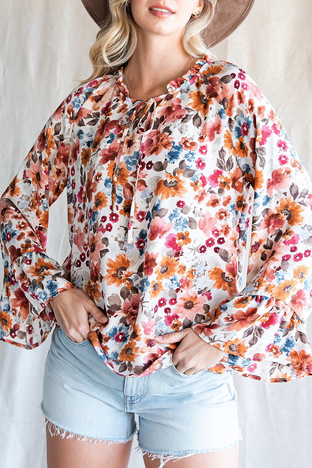 Orange Floral Print Boho Tie Front Flounce Sleeve Blouse