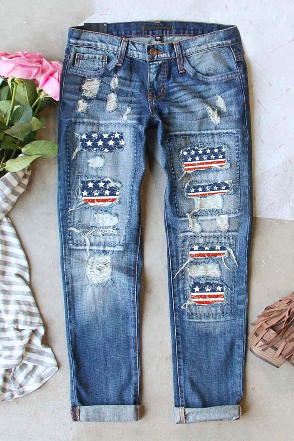 Light Blue Star Flag Patchwork Ripped Graphic Jeans