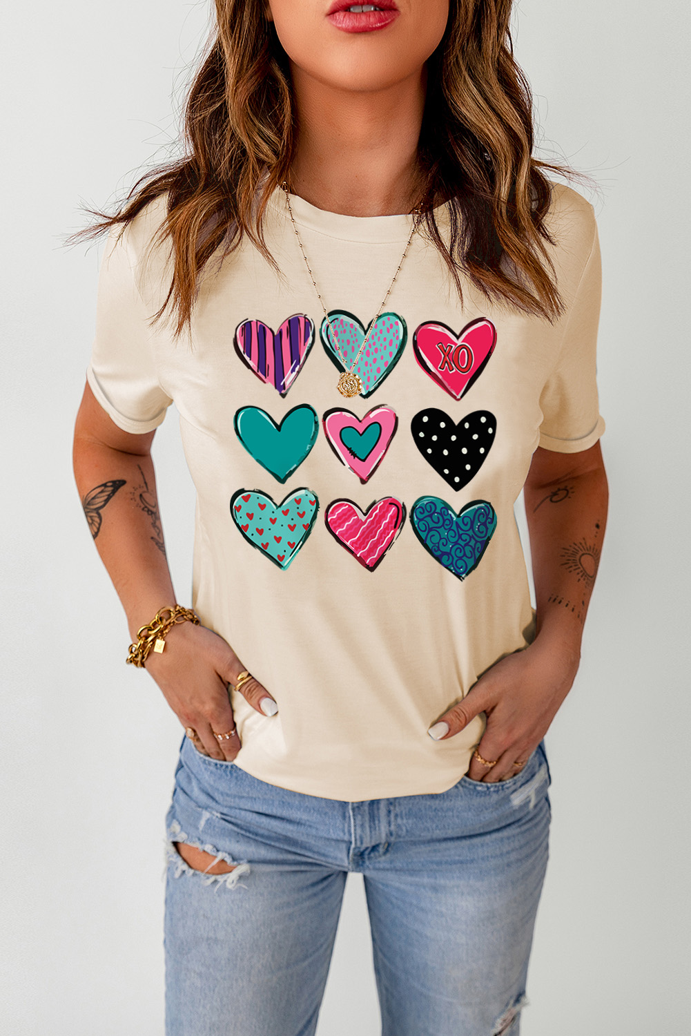 Dropshipping Khaki VALENTINEs Heart Print Casual Graphic T Shirt