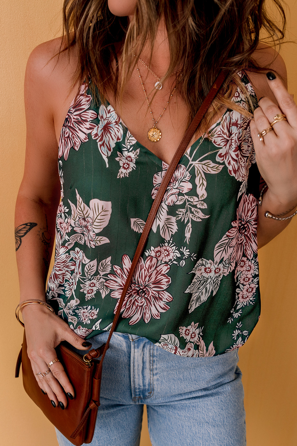 Dropshipping Green Casual Floral Print V Neck Spaghetti Strap TANK TOP