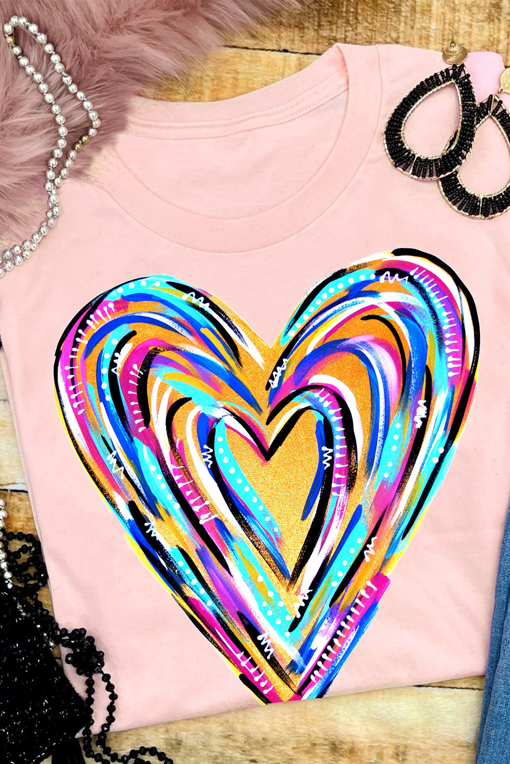 Pink Heart Print Crew Neck Graphic Short Sleeve Tee
