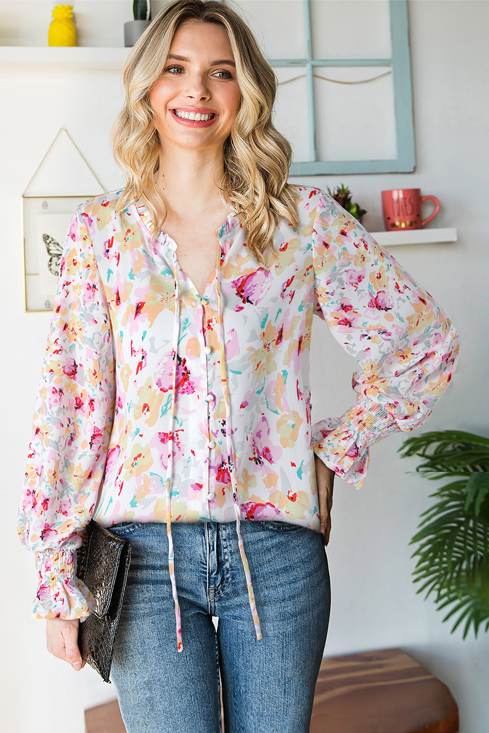 Pink Floral Print Bohemian Button Tie Front Blouse
