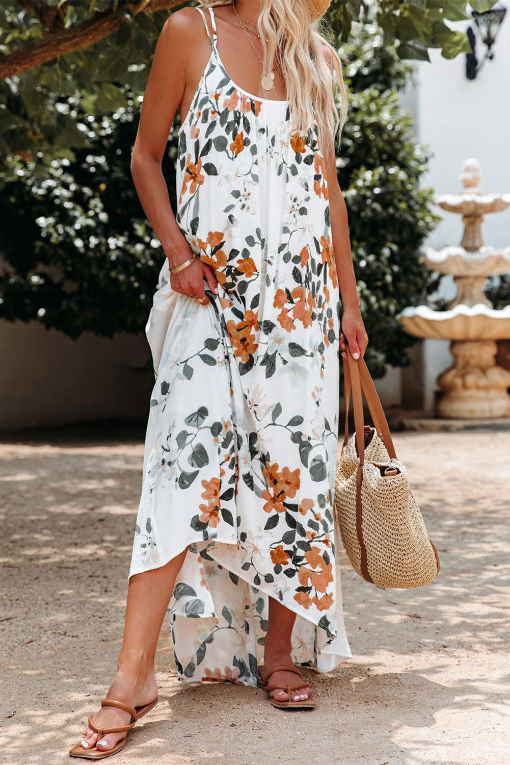 White Boho Floral Print Spaghetti Straps Maxi Dress
