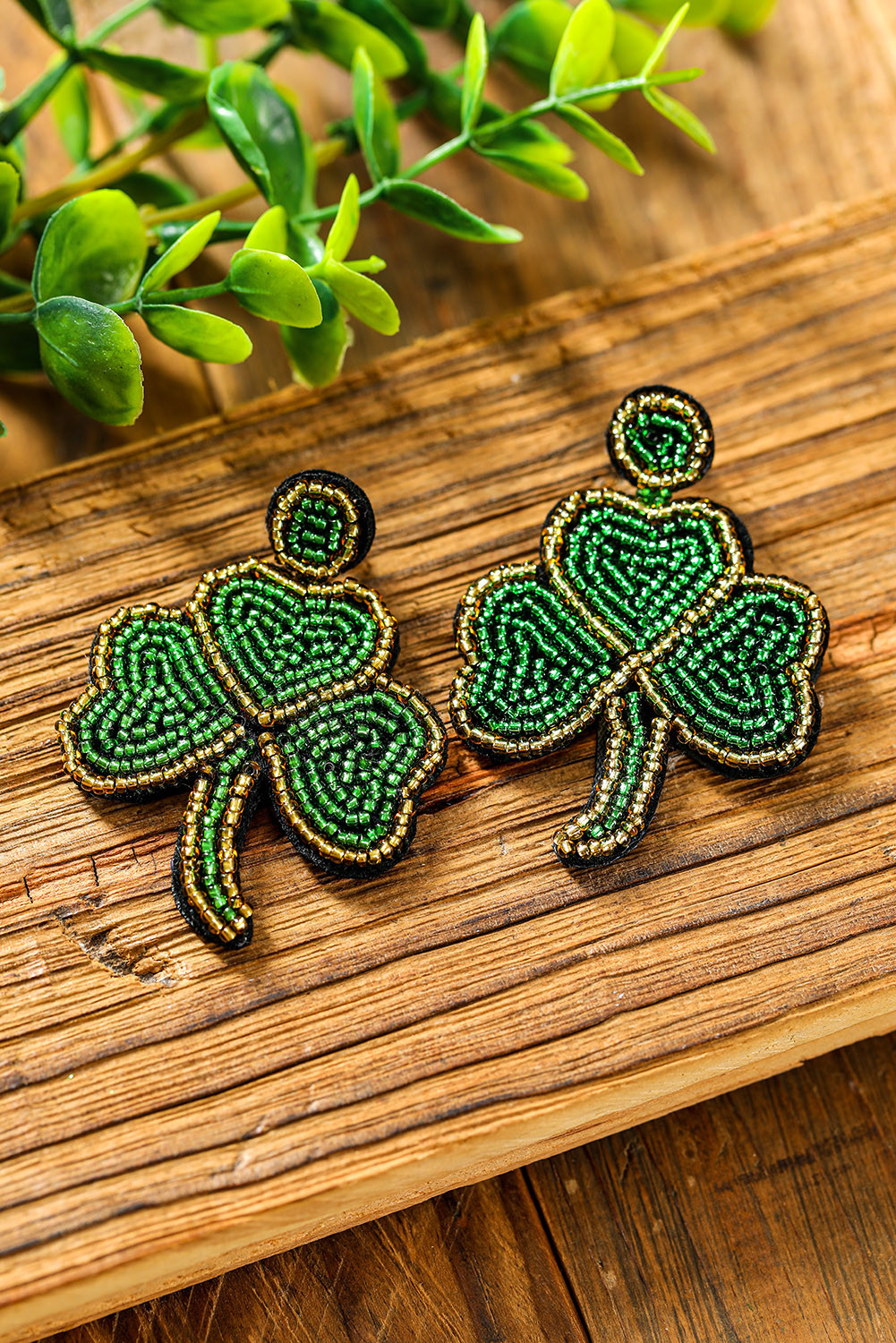 Green Rice Beads St Patricks Day Clover Earrings