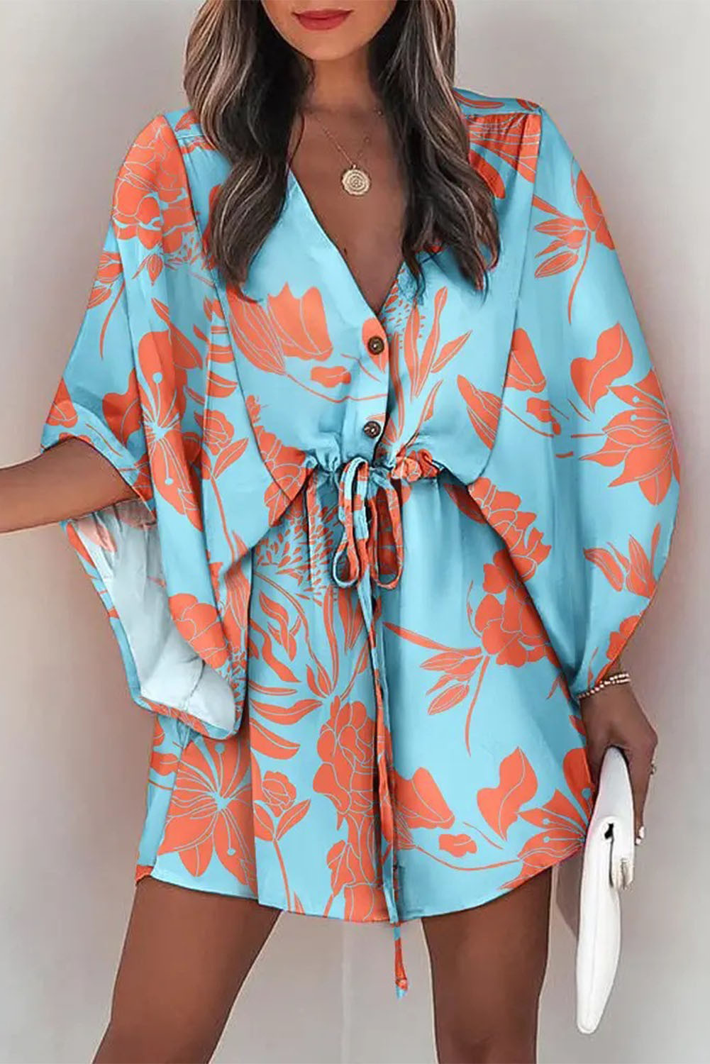 Light Blue Floral Colorblock Boho Button Lace Up Loose Mini Dress