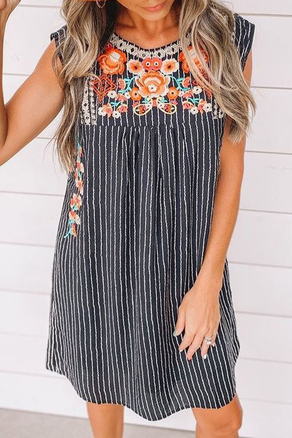 Dark Blue Floral Embroidered Stripe Boho Tank Dress