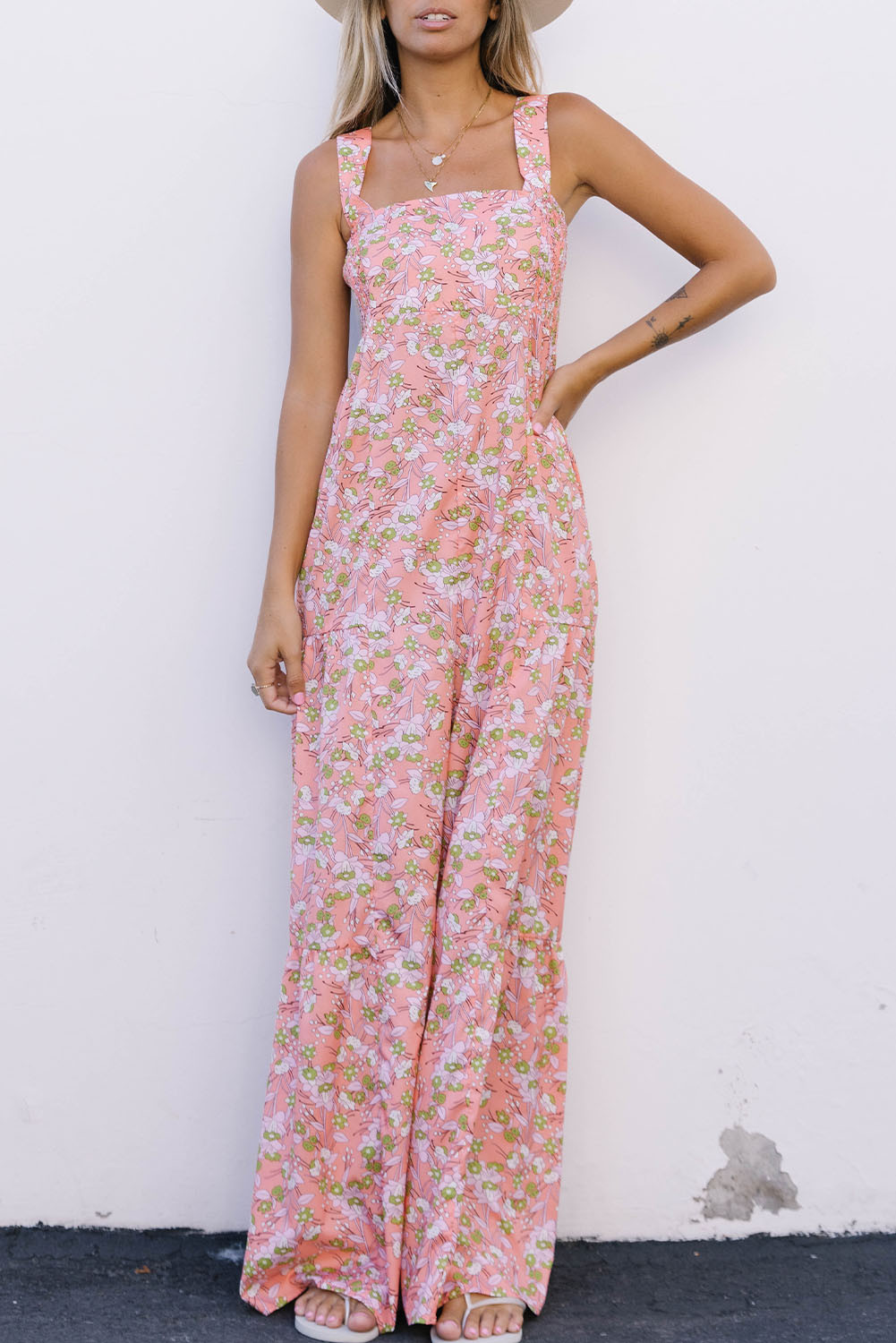 Pink Floral Print Boho Sleeveless Wide Leg Jumpsuit