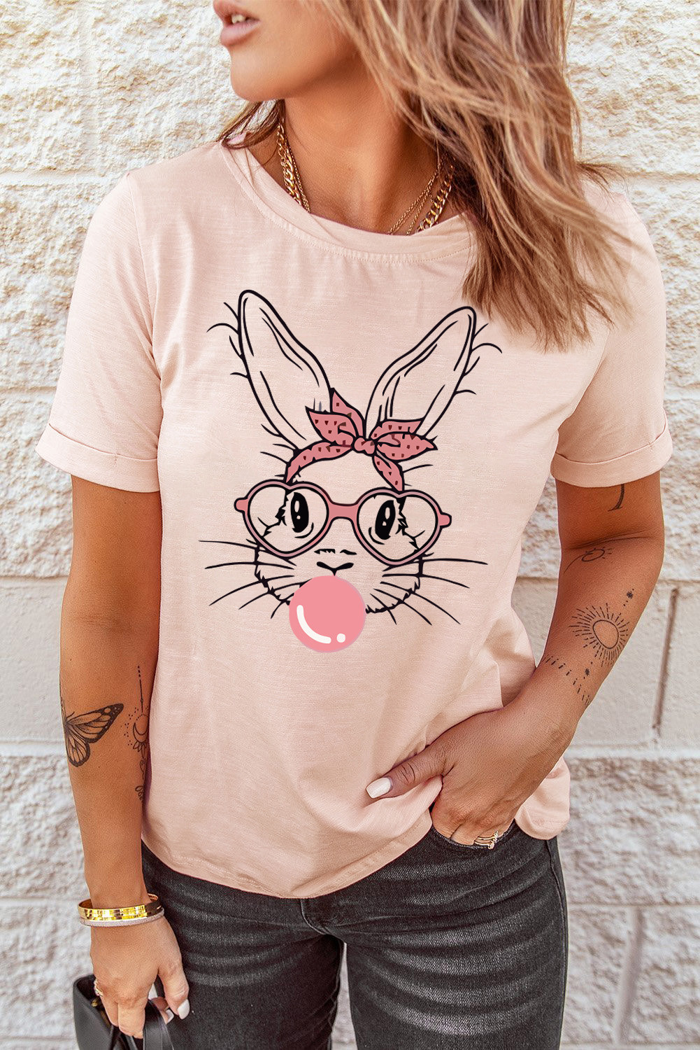 Pink Easter Bunny Crewneck Graphic Tee